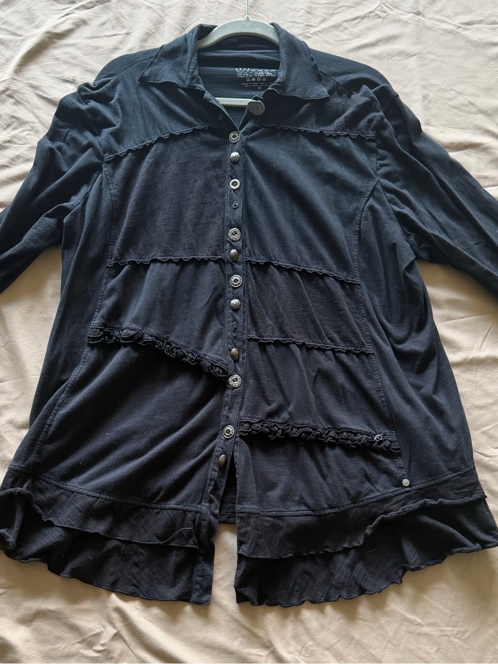 neon buddha Black Ruffle-Trim Button Front Jacket/Shirt